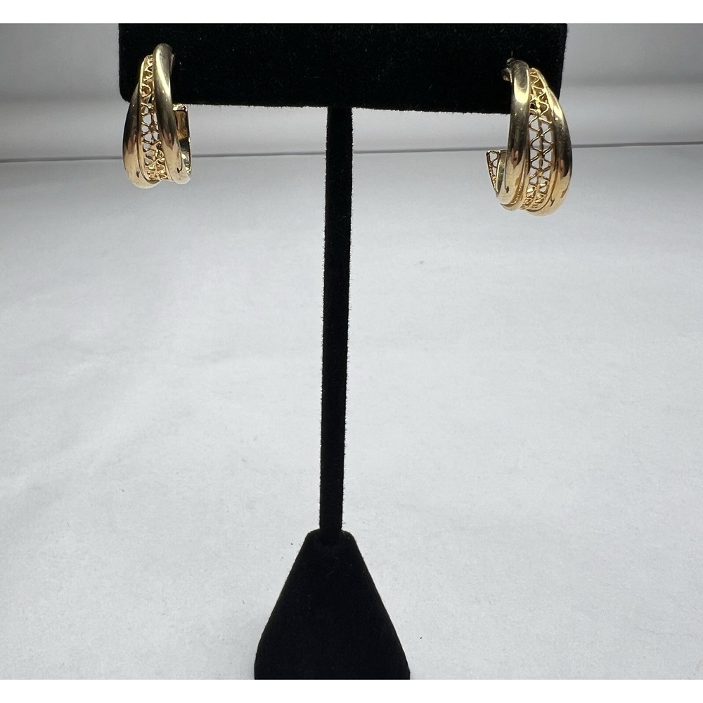 Gold Tone Openwork Filigree Open J-Hoop Post Earrings Twist